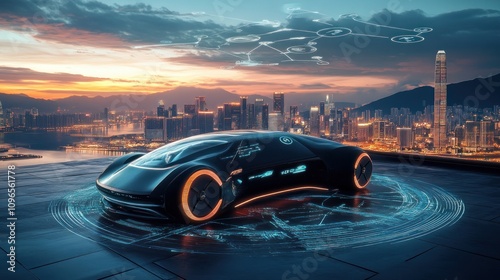 Futuristic electric car on city rooftop at sunset with drone delivery system.