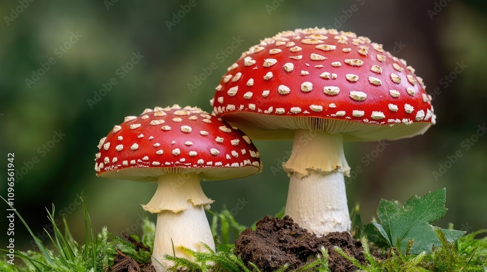 Two vibrant red and white mushrooms rise from the grass, nestled among colorful autumn leaves under a forest canopy Two vibrant red and white mushrooms rise from the grass, nestled among colorful autumn leaves under a forest canopy