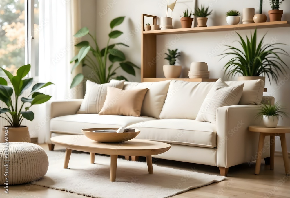 A cozy living room with a beige sofa, wooden coffee table, and shelves displaying plants and decor items in daylight featuring a warm rug and a fireplace A cozy living room with a beige sofa, wooden coffee table, and shelves displaying plants and decor items in daylight featuring a warm rug and a fireplace