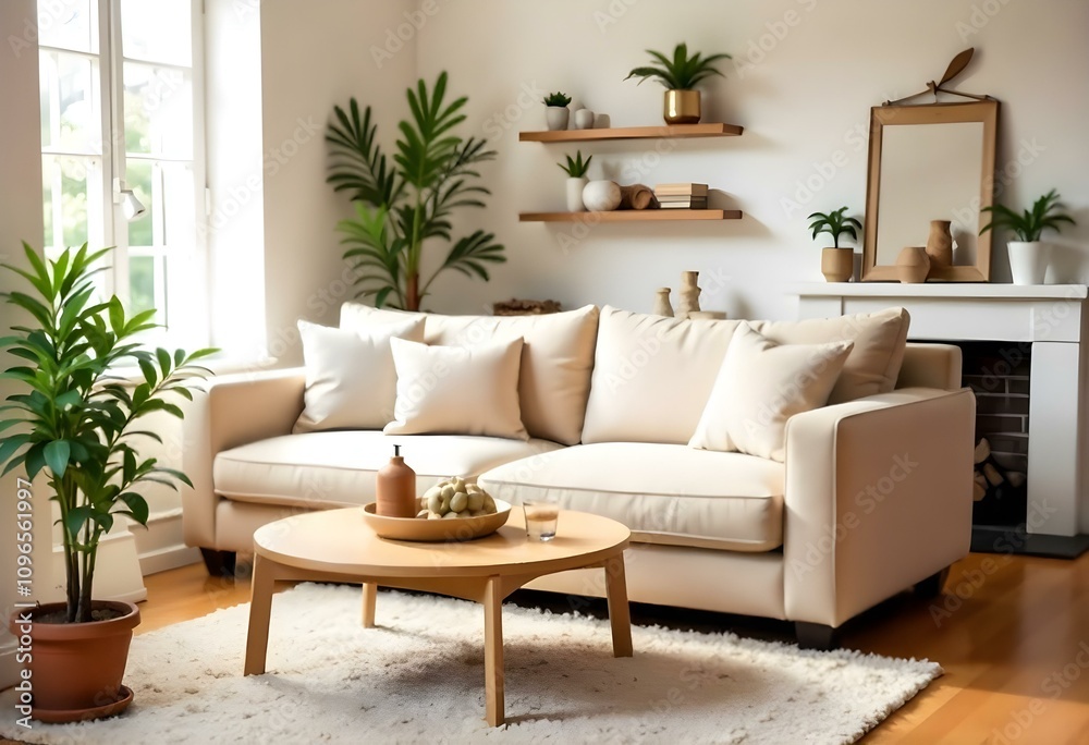 A cozy living room with a beige sofa, wooden coffee table, and shelves displaying plants and decor items in daylight featuring a warm rug and a fireplace A cozy living room with a beige sofa, wooden coffee table, and shelves displaying plants and decor items in daylight featuring a warm rug and a fireplace