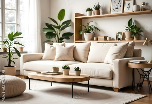 A cozy living room with a beige sofa, wooden coffee table, and shelves displaying plants and decor items in daylight featuring a warm rug and a fireplace