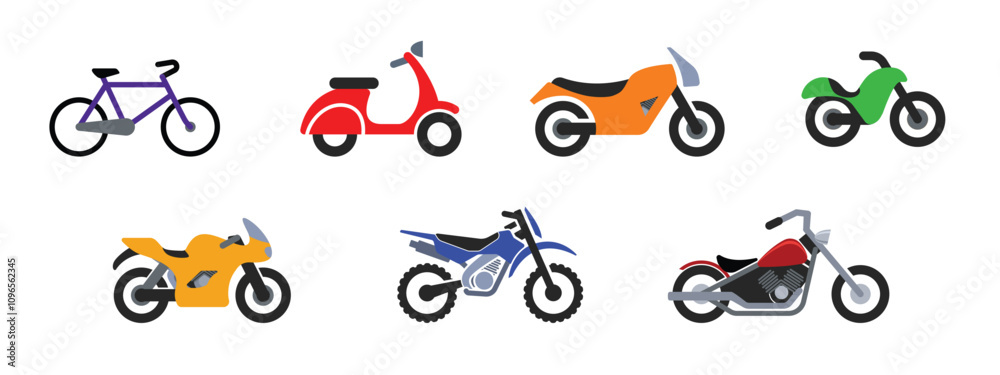 Fototapeta premium simple scooter moped motorcycle motorbike bike bicycle symbol icon set of 7 side view vector on transparent background