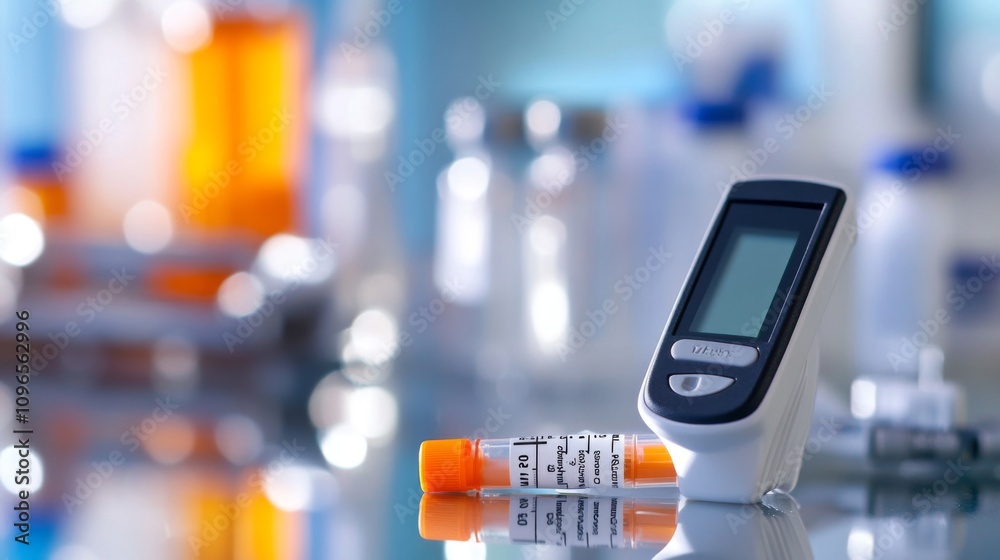 Blood glucose meter displaying test results on a small digital screen, symbolizing the importance of monitoring and managing health, especially for individuals with diabetes. Blood glucose meter displaying test results on a small digital screen, symbolizing the importance of monitoring and managing health, especially for individuals with diabetes.