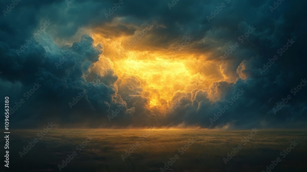 Fototapeta premium Golden Light Breaks Through Dark Storm Clouds Over Field