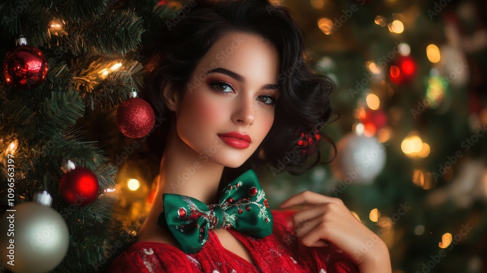 Festive Portrait with Green Bow in Holiday Setting Festive Portrait with Green Bow in Holiday Setting