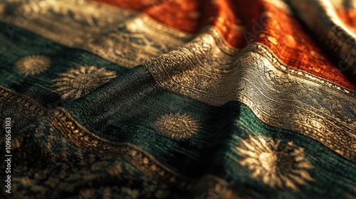 Close-up of richly textured fabric with intricate gold detailing on a dark green, orange, and beige background. Luxurious and elegant textile with a vintage feel.