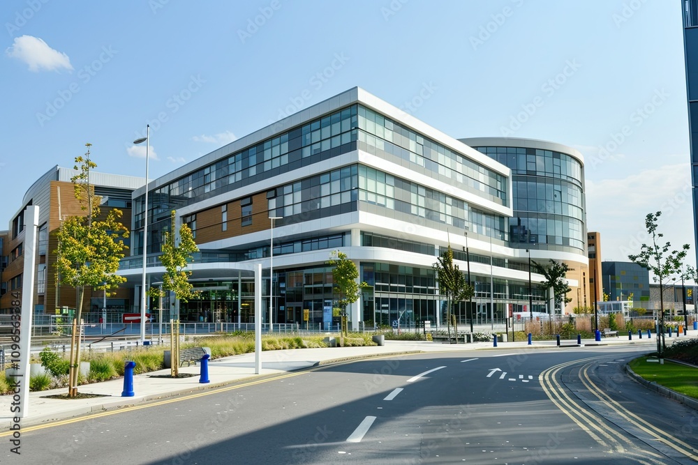 Fototapeta premium A modern NHS hospital in England, busy with doctors and patients