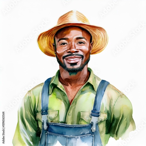 illustration of a black farmer with hut acrylic painted watercolor drawing isolated on white background photo