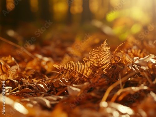 Autumnal Forest Floor: Delicate Fern and Fallen Leaves in Golden Sunlight