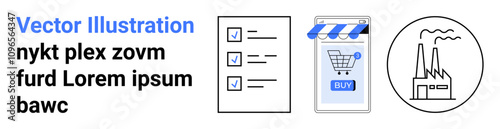 Checklist with three items, mobile phone with shopping cart icon and Buy button under awning, factory symbol. Ideal for e-commerce, organization, industry, technology, business, management