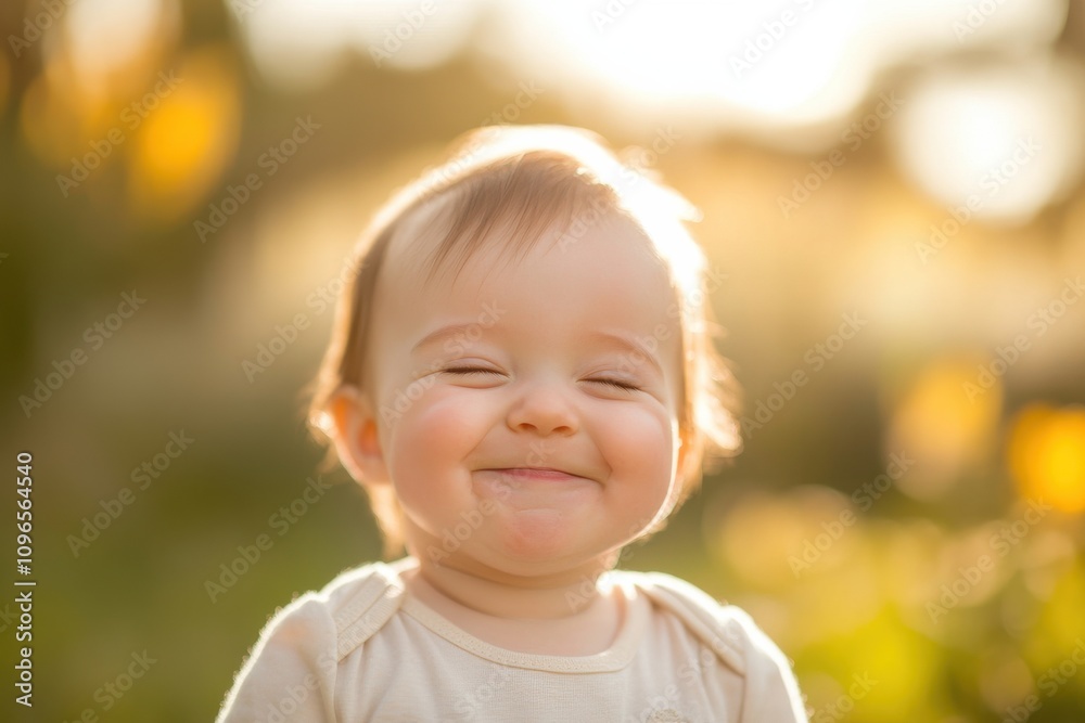 Portrait of a laughing baby with a wide smile, in a sunny garden. Portrait of a laughing baby with a wide smile, in a sunny garden.