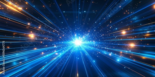 An abstract artistic representation of light speed with vibrant blue rays, glowing flares, and dynamic motion blur, evoking themes of technology and science, intertwining both fields