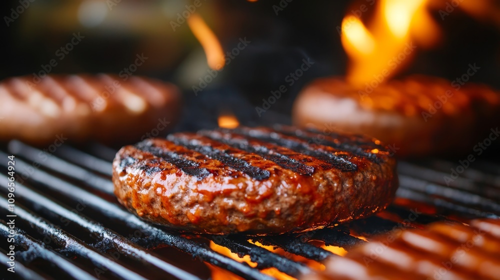 Close-Up of Grilled Plant-Based Burger on Barbecue Grill Close-Up of Grilled Plant-Based Burger on Barbecue Grill