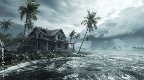 A house is on a beach with a storm in the background photo