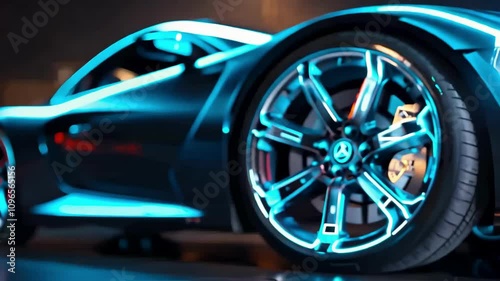 A car with a blue wheel with a blue and white design. The car is in a dark room