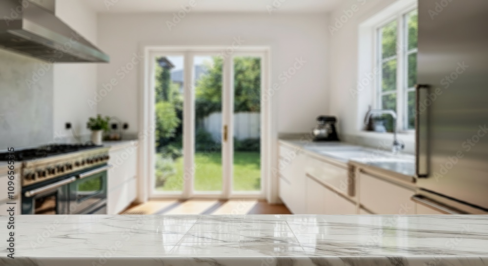 Obraz premium Modern Kitchen interrior room with white marble empty table blurred background mockup