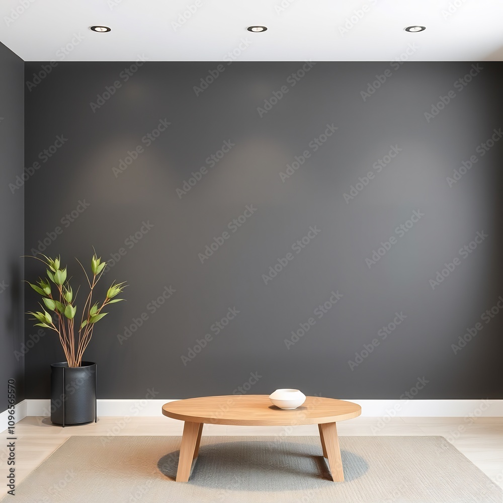 Modern living room interior with a grey wall, wooden coffee table, and a plant. Modern living room interior with a grey wall, wooden coffee table, and a plant.