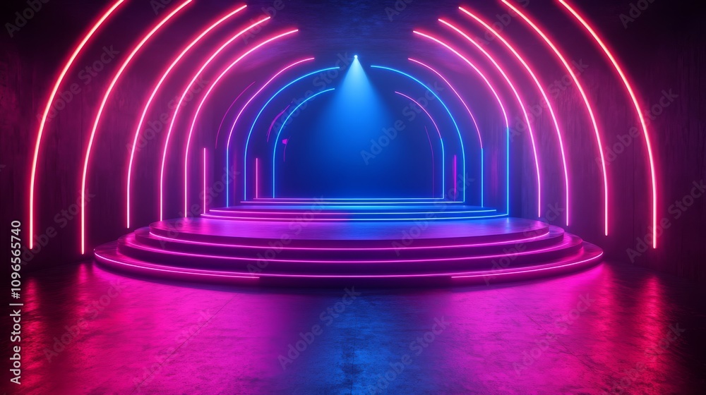 Obraz premium Neon Lit Stage Platform With Circular Archways