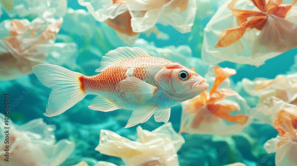 Fish Swimming Through Ocean of Plastic Bags Illustrating Pollution Crisis