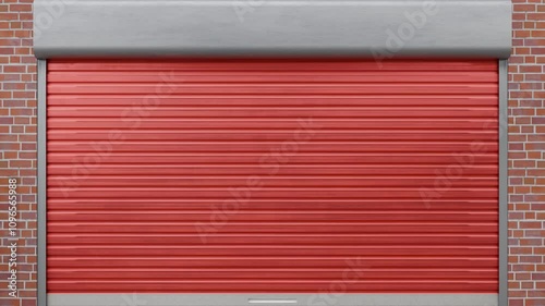 Red warehouse door set into a brick wall opens and closes.
Three dimensional animation of modern aluminum roller shutter or garage door with horizontal slats mounted on beige brick wall.  Alpha mask i