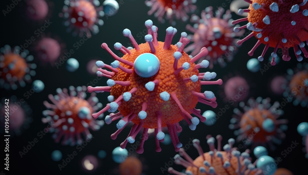 Fototapeta premium This depiction illustrates the flu virus with its distinctive spherical shape, protruding spikes, and vibrant colors, emphasizing its complex biology and formation