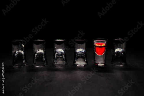 Slika na platnu Shot glass filled with red colored liquor among empty shot glasses in a row on t