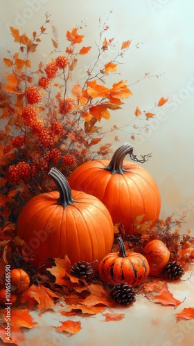 Autumnal Harvest Still Life: A Detailed Painting of Pumpkins and Fall Foliage