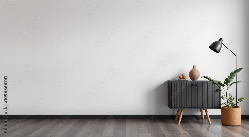 Minimalist living room interior with black floor lamp and a plant on the side table. Minimalist living room interior with black floor lamp and a plant on the side table.