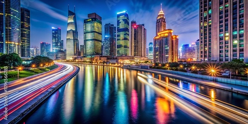 Captivating Long Exposure Photography of a Modern Cityscape at Night with Vibrant Lights, Reflective Water, and Dynamic Movement in a Contemporary Urban Environment