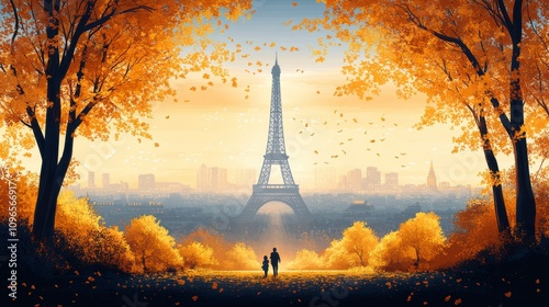 Parisian Autumn: Eiffel Tower and Golden Foliage