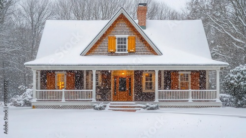 A traditional Craftsman Cape Cod house with snow gently falling around it. 
