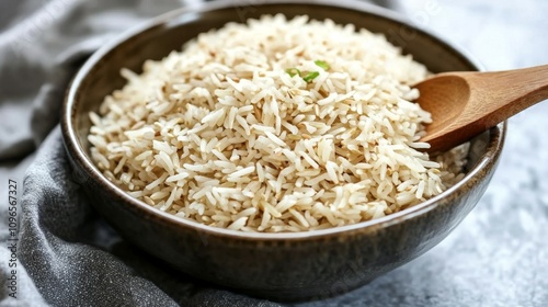 Organic Rice in Bowl with Wooden Spoon for Wholesome Meals