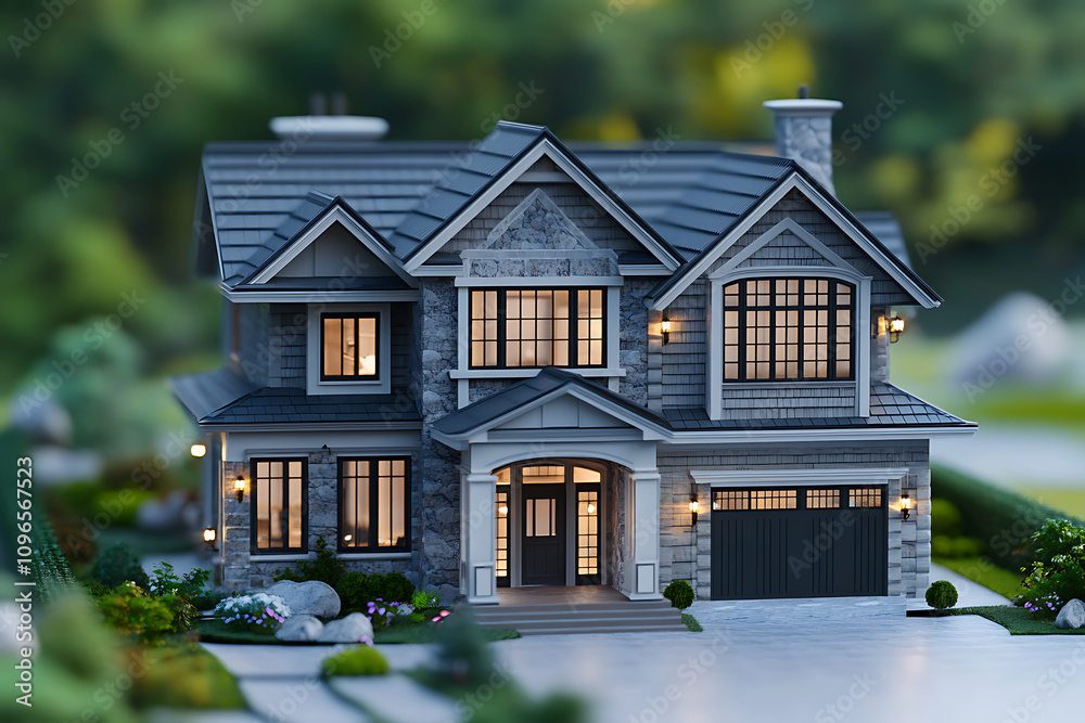 Modern stone house with landscaped yard and warm exterior lights in a serene suburban setting