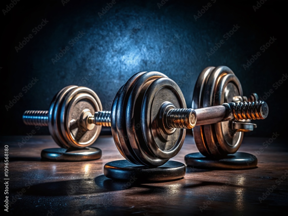 Captivating Low Light Photography of Cast Iron Weights on a Spinlock Dumbbell Bar Highlighting Strength and Fitness Equipment in a Dimly Lit Environment Captivating Low Light Photography of Cast Iron Weights on a Spinlock Dumbbell Bar Highlighting Strength and Fitness Equipment in a Dimly Lit Environment