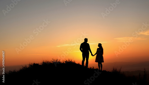 A couple is standing on a hillside, silhouetted against a beautiful sunset isolated highlighted by white, png