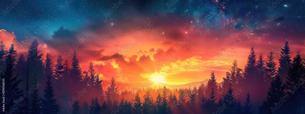 Silhouetted Forest Against a Vibrant Sunset Sky Silhouetted Forest Against a Vibrant Sunset Sky