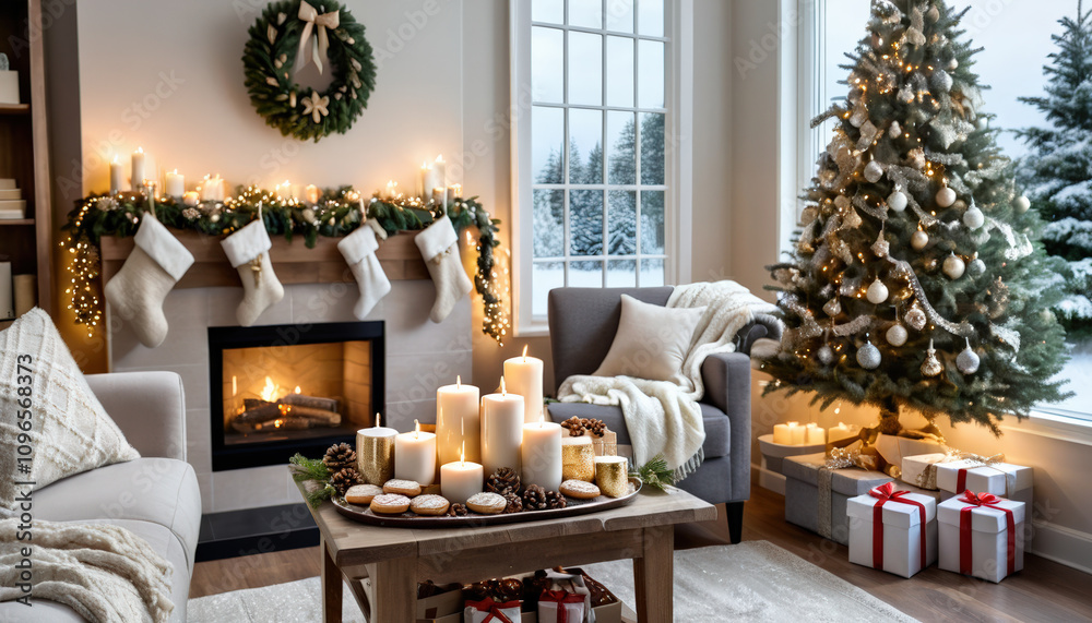 Christmas tree illuminating cozy living room with fireplace and gifts Christmas tree illuminating cozy living room with fireplace and gifts