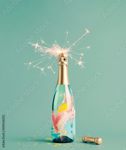 Sprinklers come out of a champagne bottle on top. Festive abstract  new year celebration concept against a light green background. photo