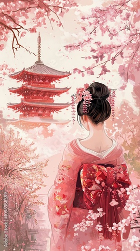 Culture and Traditions of a Japanese geisha s outline filled with cherry blossoms and a serene temple garden photo