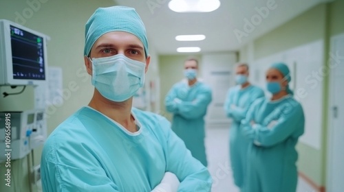 A group of doctors in scrubs stand in a hallway