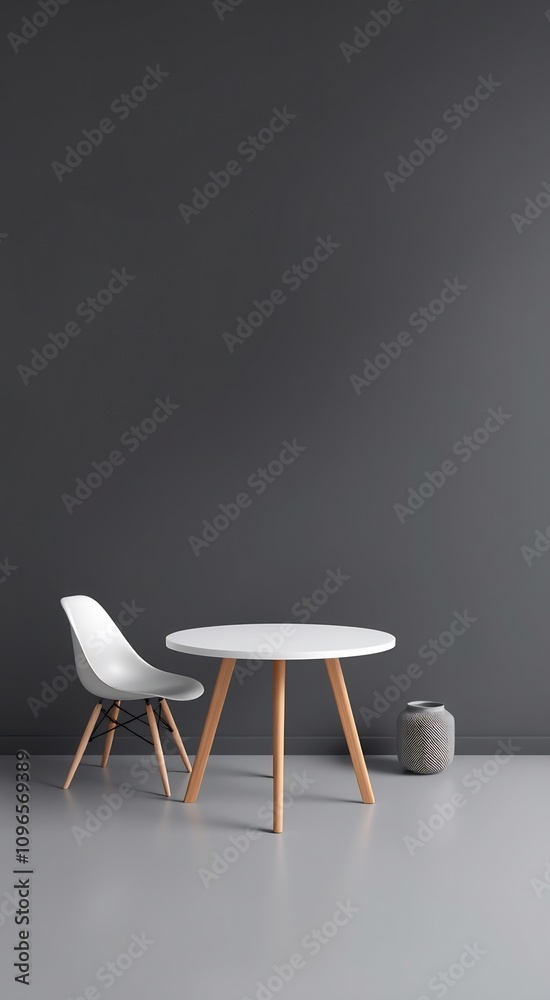 Minimalist white table and chair set against a gray wall with a decorative vase. Minimalist white table and chair set against a gray wall with a decorative vase.