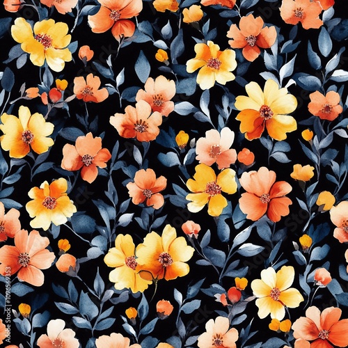 Garden Watercolor Floral Seamles Pattern, Hand painted Watercolor, Wildflowers, Twigs, Leaves, Buds. Design for fashion , fabric, textile, wallpaper, cover, web , wrapping and all prints
