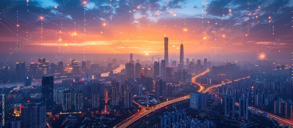 Obraz premium Cityscape with Connected Lights at Sunset