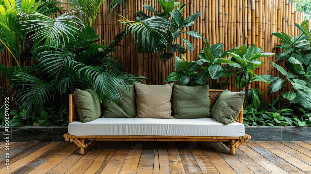 Fototapeta premium Serene Outdoor Lounge with Tropical Foliage Backdrop