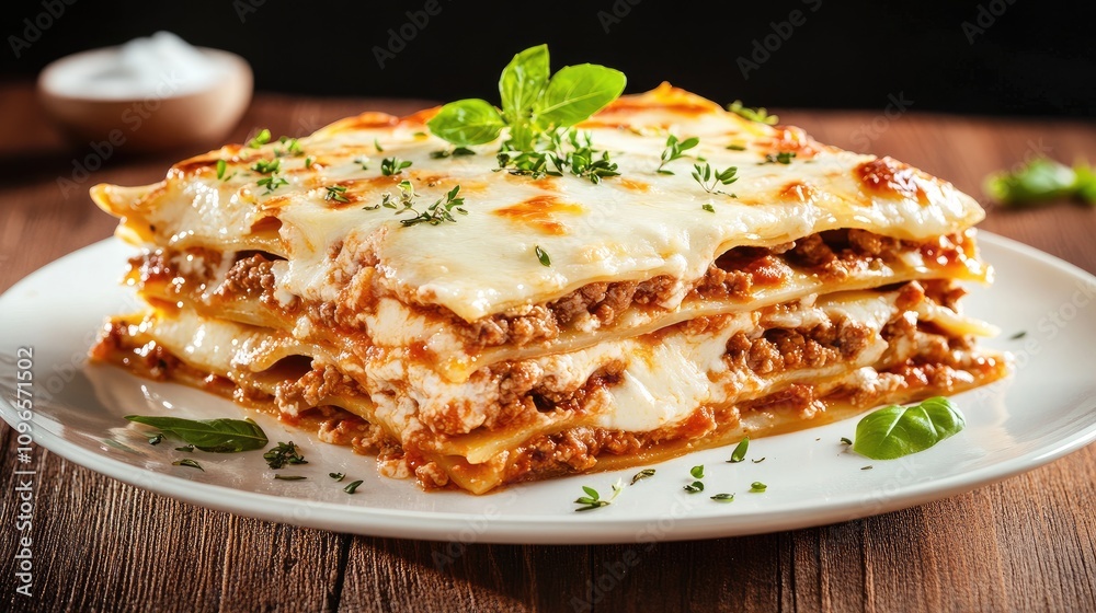 Lasagna features layers of pasta, meat sauce, and mozzarella, garnished with fresh herbs, on a cafe table with warm illumination Lasagna features layers of pasta, meat sauce, and mozzarella, garnished with fresh herbs, on a cafe table with warm illumination