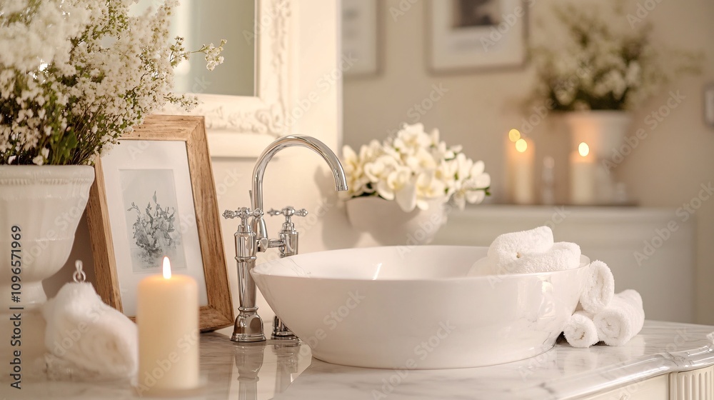Serene Bathroom Setting with White Basin and Elegant Decor Accents Serene Bathroom Setting with White Basin and Elegant Decor Accents