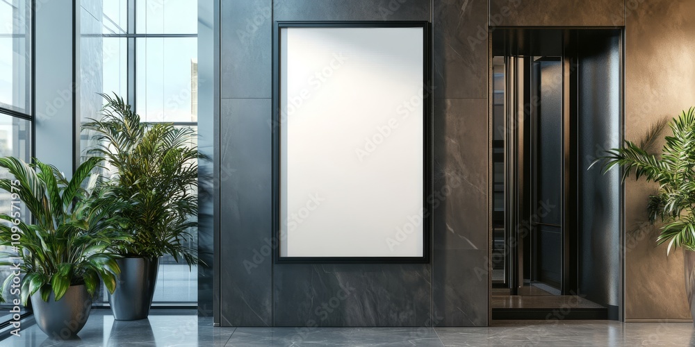 Fototapeta premium The elevator lobby features a modern aesthetic with a blank poster frame on a stylish wall, surrounded by greenery, creating an elegant atmosphere perfect for advertisements and art displays
