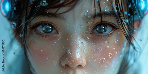 Close-Up Portrait of a Young Woman with Water Drops