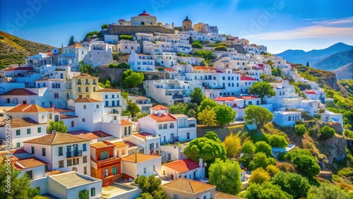 Wallpaper Mural Captivating Oil Painting of a Quaint Greek White Village Surrounded by Lush Green Trees in a Summer Landscape Setting Torontodigital.ca