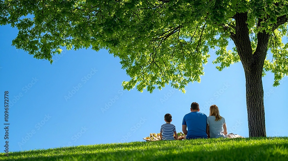 A family enjoying a picnic under a tree in the park, bright natural light A family enjoying a picnic under a tree in the park, bright natural light